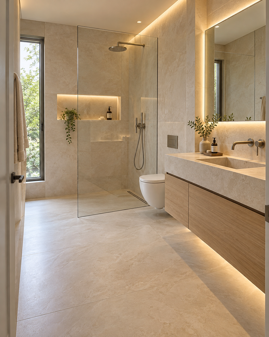 Concept de salle de bain contemporaine avec douche à l’italienne et robinetterie encastrée